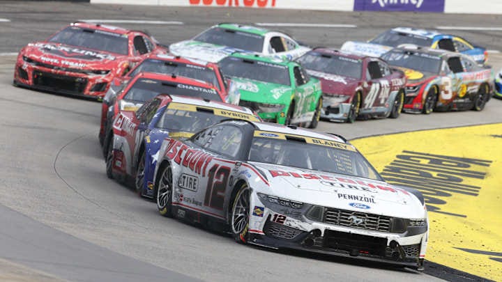 Oct 26, 2025; Martinsville, Virginia, USA; NASCAR Cup Series driver Ryan Blaney (12) leads during stage three of the Xfinity 500 at Martinsville Speedway. Oct 26, 2025; Martinsville, Virginia, USA; NASCAR Cup Series driver Ryan Blaney (12) leads during stage three of the Xfinity 500 at Martinsville Speedway.