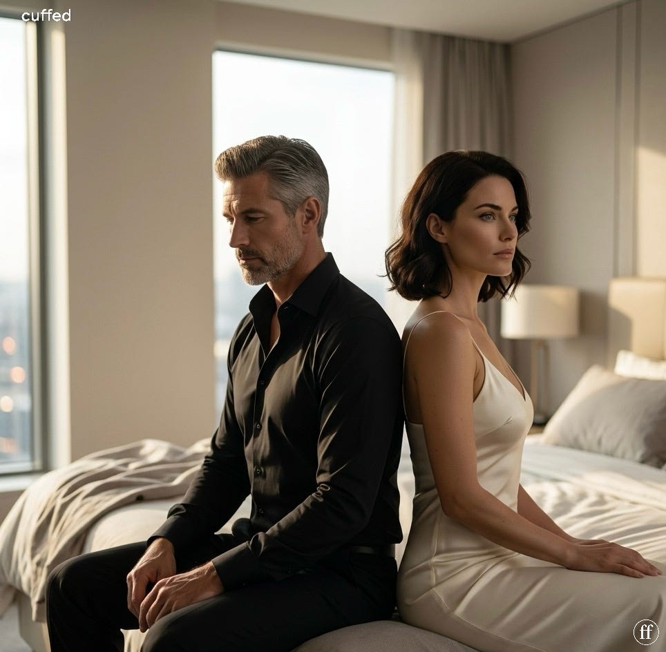 a man and woman sit back to back on the edge of a bed in a minimal high-rise bedroom. he wears a black shirt, eyes cast downward. she wears an ivory slip dress, gaze forward and steady. the space between them is deliberate — not distance, but weight. soft window light, muted tones. cream and charcoal palette. "cuffed" wordmark top-left in white. fused "ff" logo bottom-right. masculine quote about trust, repair, and integration.