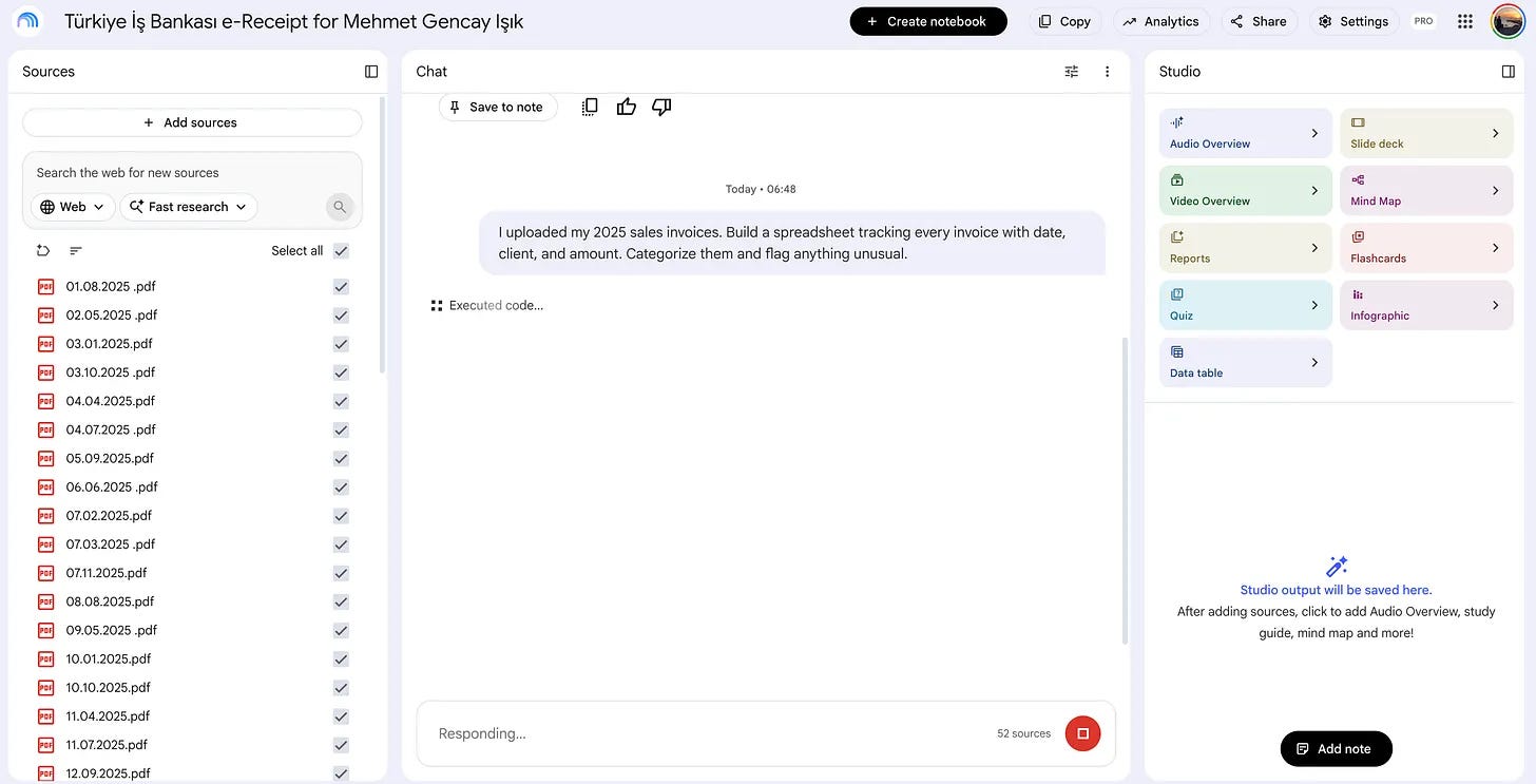 NotebookLM chat showing the Executed code label after receiving the invoice analysis prompt NotebookLM chat showing the Executed code label after receiving the invoice analysis prompt