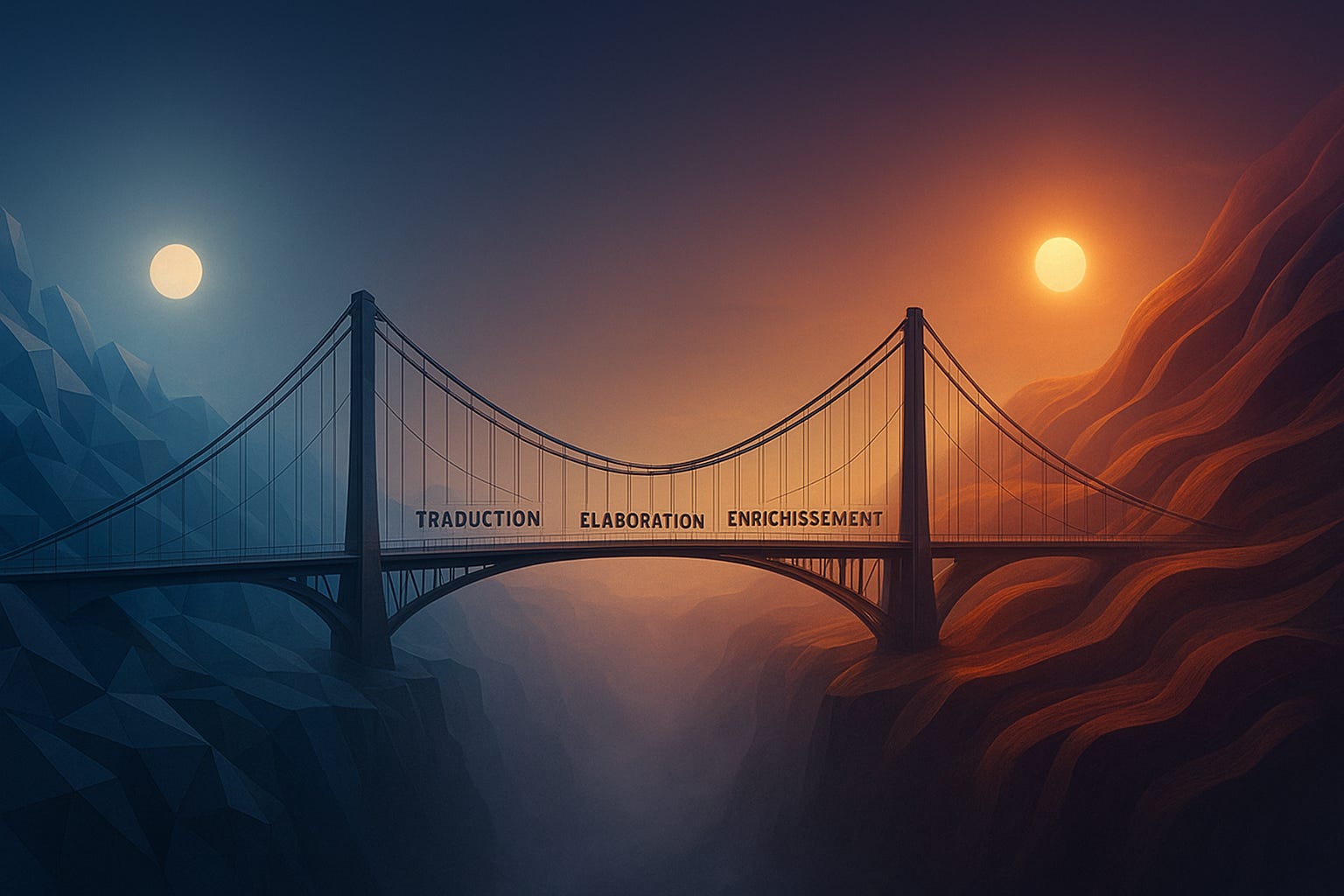 Vue architecturale d'un pont suspendu élégant reliant deux paysages cognitifs distincts : gauche géométrique/analytique (bleu/gris), droite organique/créative (orange/violet), pont éclairé or reliant deux mondes neuronaux