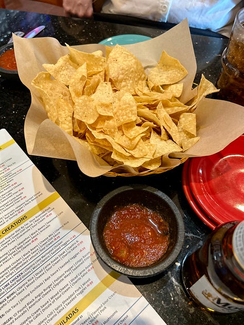 chips, salsa, beer, lime, bowl, plate, tacos
