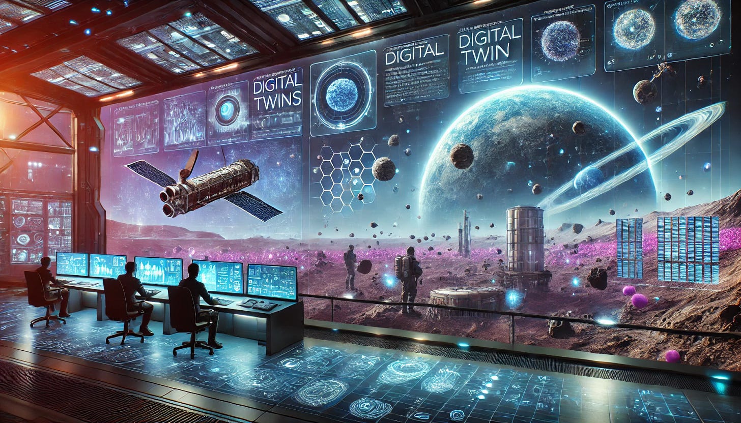 A futuristic horizontal image illustrating digital twins in aerospace and space exploration. The image features a high-tech control room with holographic projections of spacecraft and planetary simulations. Engineers analyze real-time data from a digital twin of a spacecraft navigating through an asteroid field. A digital twin of a Mars base is displayed, showing environmental monitoring and predictive maintenance. The color scheme includes deep blues and purples, conveying a cutting-edge, sci-fi aesthetic.