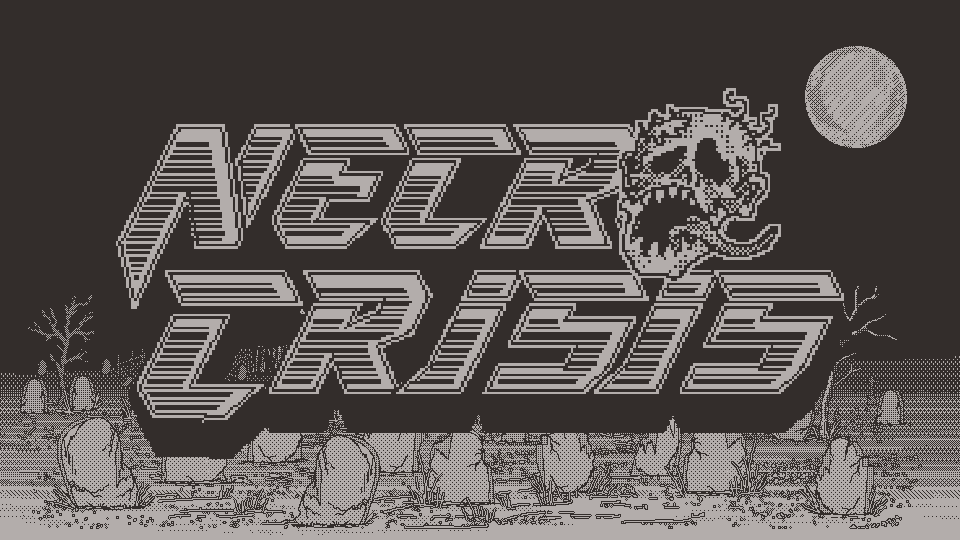 An animated logo for the game Necrocrisis, depicting a zombie's head alongside the title. The title is moving back and forth, and gunshot blasts pop up all over. The background depicts an overgrown graveyard.