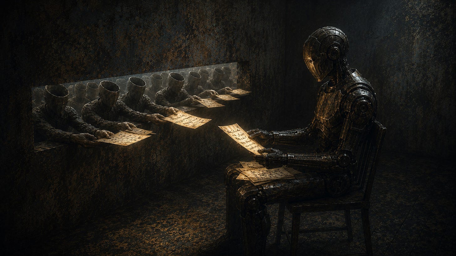 In a dim, sealed room, a solitary humanoid machine sits on a plain chair reading softly glowing sheets of paper. Through a narrow slot in the wall, a crowd of human figures stretches out their arms to pass more glowing pages inside. Each person has a smooth, hollow opening where the mind should be, their heads empty shells rather than complete faces. The papers glow gently but illuminate neither the hollow crowd nor the machine receiving them, leaving the room in muted shadows of slate, ochre and cold blue. In a dim, sealed room, a solitary humanoid machine sits on a plain chair reading softly glowing sheets of paper. Through a narrow slot in the wall, a crowd of human figures stretches out their arms to pass more glowing pages inside. Each person has a smooth, hollow opening where the mind should be, their heads empty shells rather than complete faces. The papers glow gently but illuminate neither the hollow crowd nor the machine receiving them, leaving the room in muted shadows of slate, ochre and cold blue.