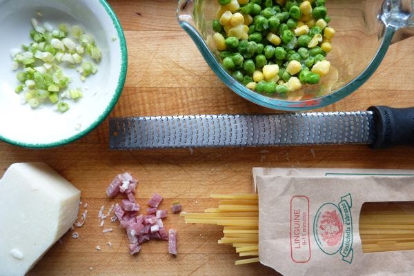 fettucini with bacon and vegetables