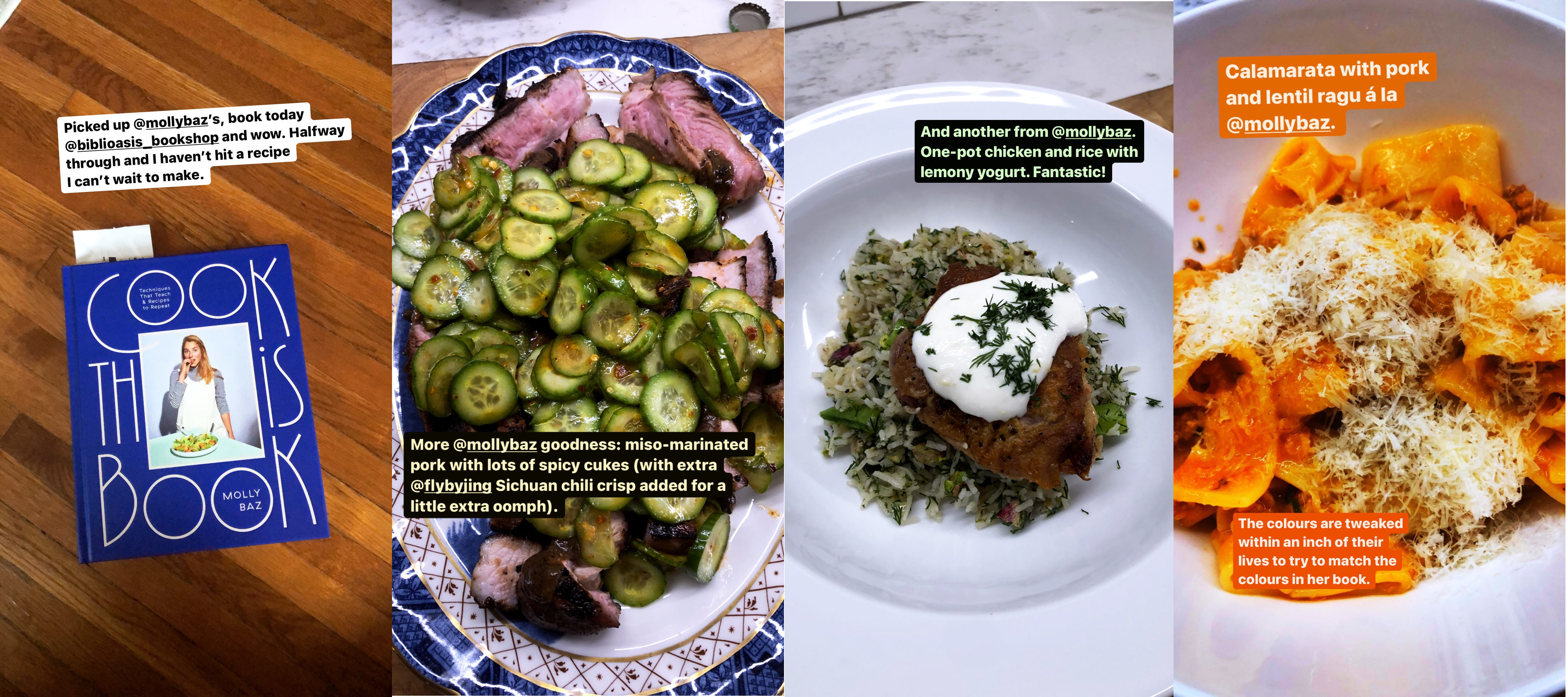 A montage of posts from The Plate Cleaner's Instagram Stories. The first panel shows the Cook This Book book with the caption "Picked up Molly Baz's book today at Biblioasis Bookshop and wow. Halfway through and I haven't hit a recipe I can't wait to make. The second is a picture of sliced pork covered in sliced cucumbers. The caption reads, "More Molly Baz goodness: miso-marinated pork with lots of spicy cukes (with extra Fly By Jing Sichuan chili crips added for a little extra oomph. The thid image is of a sauteed chicken thigh on top of a mound of rice, with dollop of yogurt on top. The caption reads, "Another from Molly Baz. One-pot chicken and rice with lemony yougurt. Fantastic!" The fourth image shows pasta tubes covered in a red sauce and grated parmesan cheese. The caption reads, "Calamarata with pork and lentil ragu a la Molly Baz."