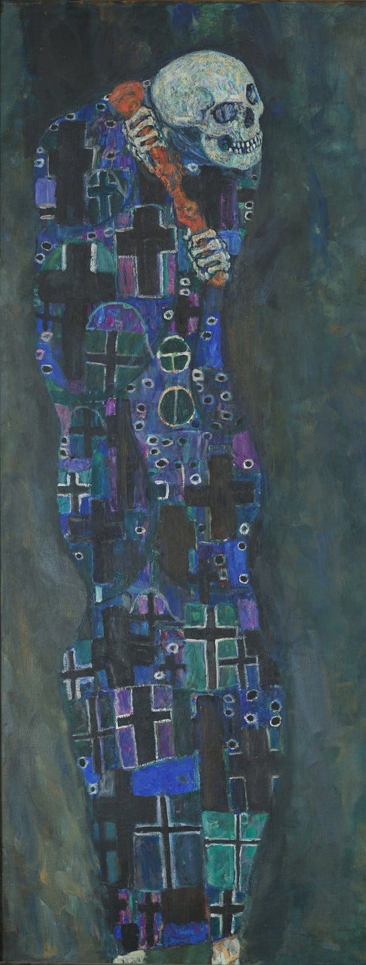 Detail of the skeletal figure of Death in patterned robe
