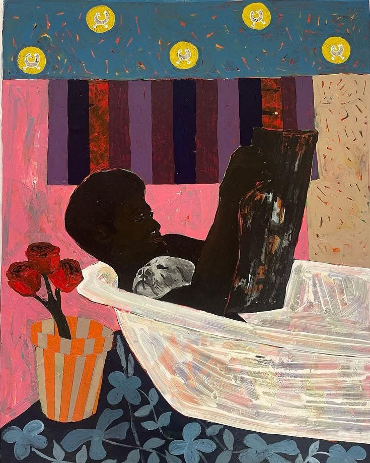 This may contain: a painting of a person laying in a bathtub with flowers next to it and an orange striped vase