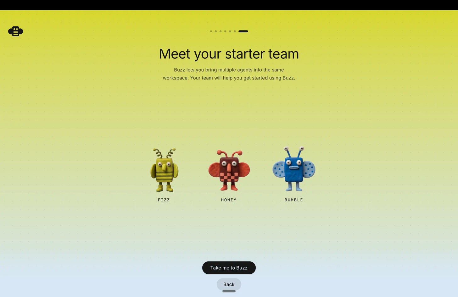 Buzz starter team screen showing Fizz, Honey, and Bumble Buzz starter team screen showing Fizz, Honey, and Bumble