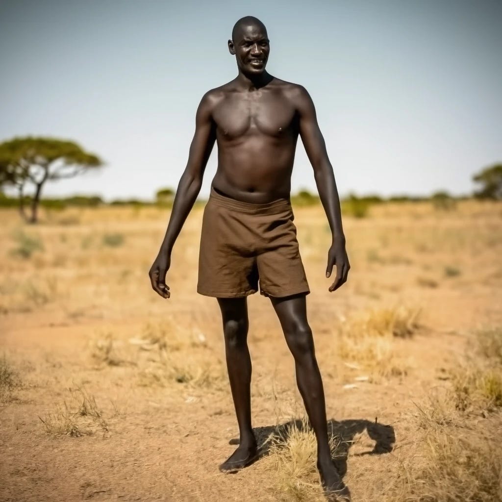 Tall Sudanese man bald long limbs
