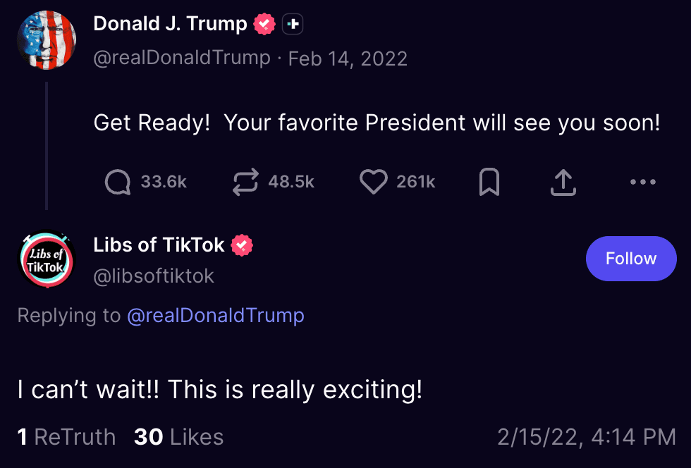 Libs of TikTok’s first post on Truth Social, shared on Feb. 15, 2022: "I can't wait!! This is really exciting!"