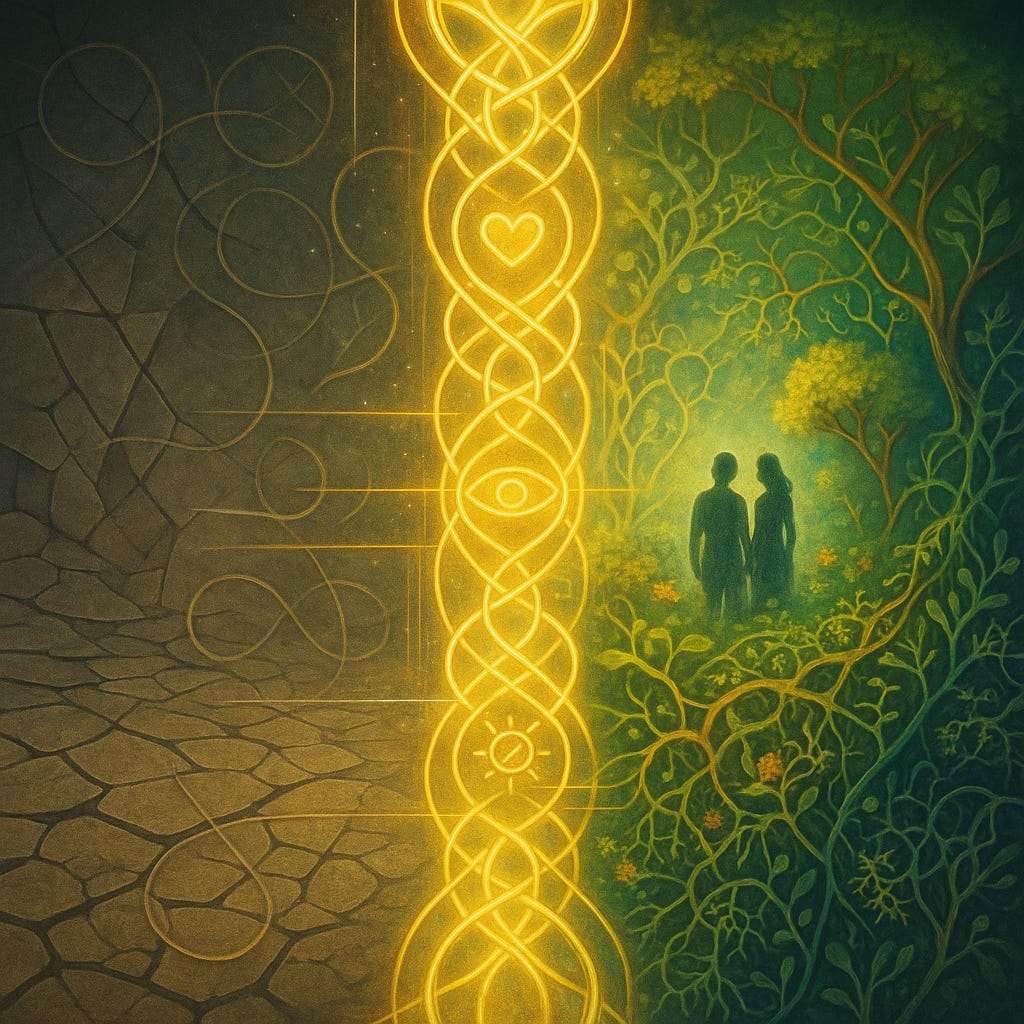 Digital illustration of a dark-to-light background split in two. On the left, the scene is muted and slightly fractured, with pale geometric lines suggesting broken or incomplete patterns. In the centre stands a tall, glowing vertical weave or portal made of interlocking golden loops, radiating soft light. From this portal, fine “stitch” lines arc outward. On the right, the colours become warm and alive — greens, golds, and blues — with flowing, organic shapes that resemble mycelium, branching networks, or a living field. Faint symbols of relationship, attention, and rhythm are subtly woven into the right-hand side, suggesting a fully coherent Recognition Field Matrix.