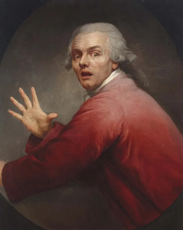 A captivating 1791 self-portrait by Ducreux, masterfully blending 'Surprise and Terror' into a single, dramatic expression. A captivating 1791 self-portrait by Ducreux, masterfully blending 'Surprise and Terror' into a single, dramatic expression.
