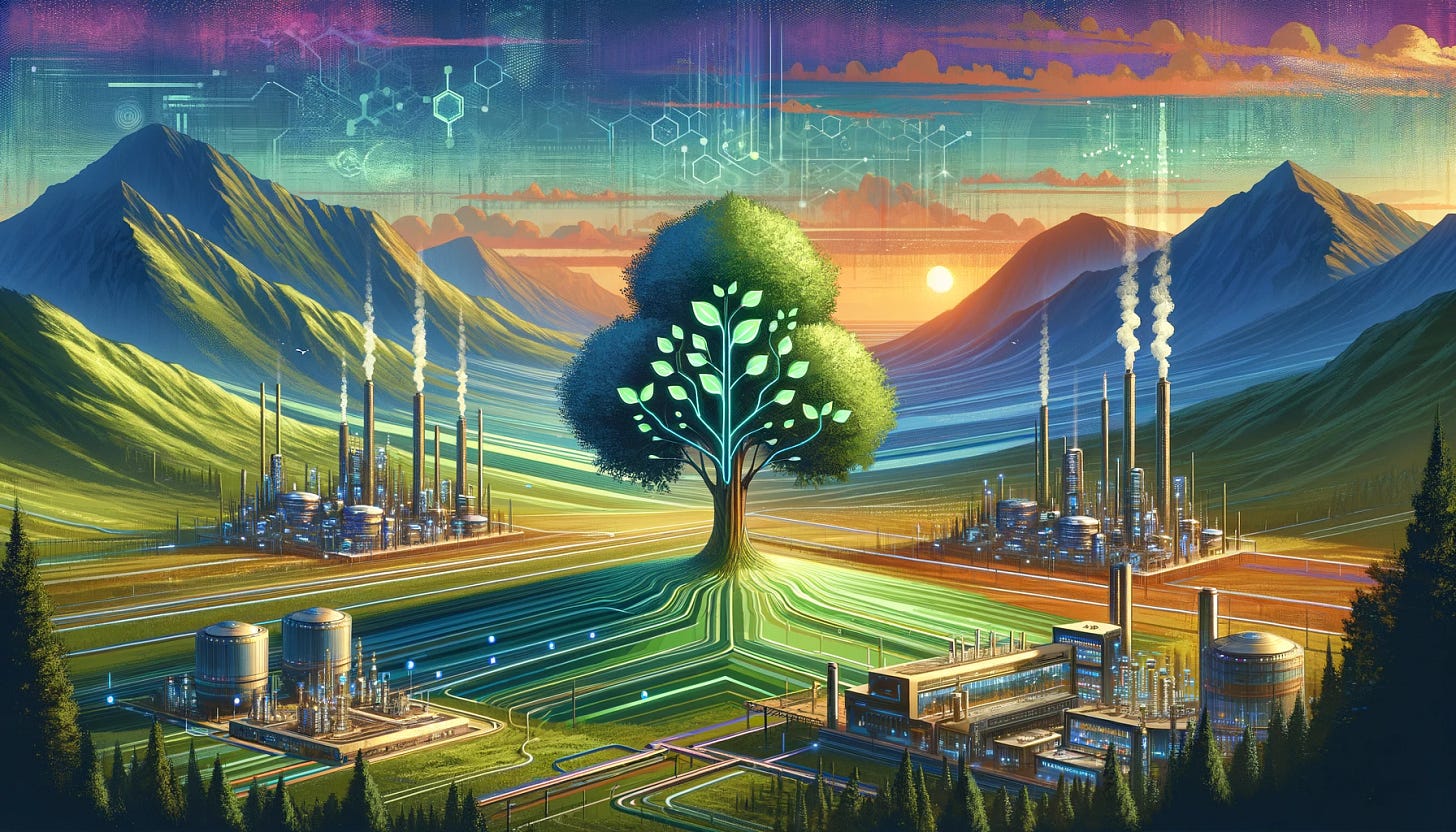 A 2D digital art landscape focused on sustainable technology for carbon fixation. The image features a parallax-style layered composition with depth yet maintaining a flat design aesthetic. In the foreground, stylized futuristic 2D illustrations of genetically modified trees with enhanced leaves for carbon fixation, surrounded by biotechnological structures. The midground shows advanced labs and research facilities dedicated to genetic editing and photosynthesis enhancement. The background consists of flat 2D mountains and a dawn sky in soft pastels. A textured grain filter overlays the image, using a vibrant color palette with greens, blues, purples, and touches of earthy orange-brown hues, symbolizing innovation and environmental stewardship.