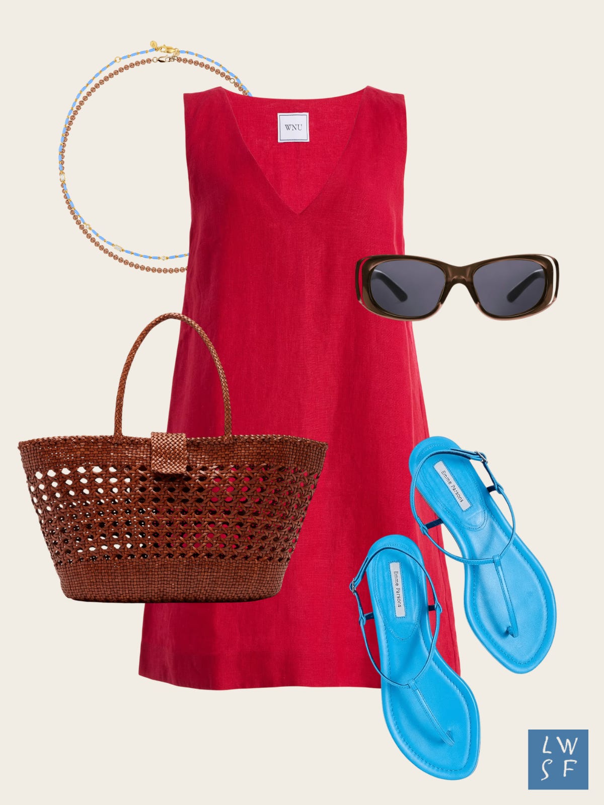 Summer outfit idea: red linen mini dress, electric blue t-strap sandals, brown open weave tote bag, wraparound tortoise sunglasses, stacked blue and amber beaded necklaces