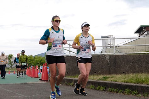 Jenny White, with Aussie teammate Carrie Geeson, at the championships in Japan last week.