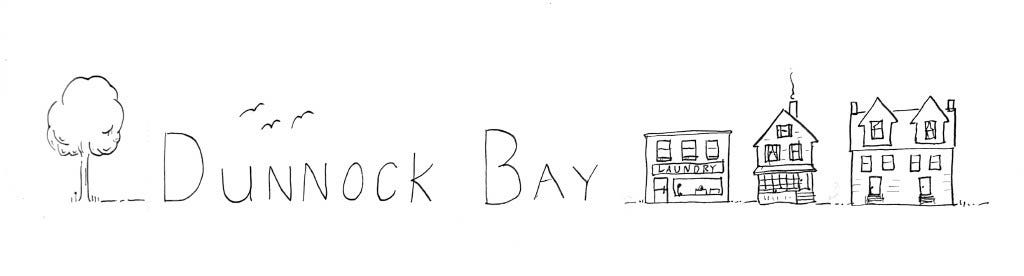 a simple line drawing header image of some houses and a laundromat and the words "dunnock bay"
