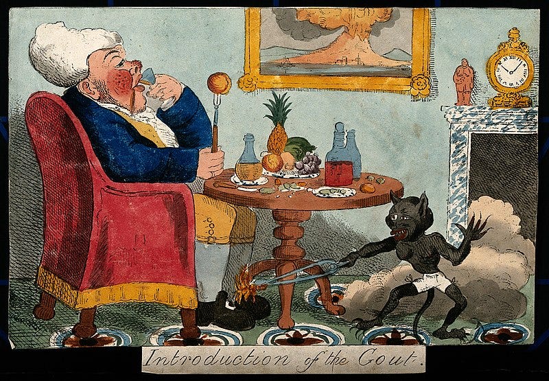 File:A self-indulgent man afflicted with gout; the pain is represented by a demon burning his foot Wellcome V0010850.jpg