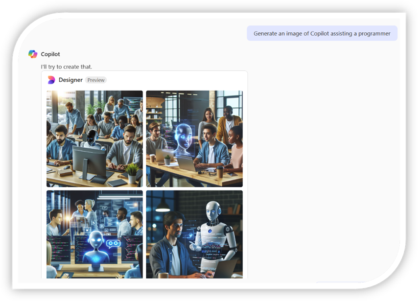 An image generated by Copilot showing a programmer being assisted by Copilot. The image has a consistent style with a predictable cast of characters and objects. An image generated by Copilot showing a programmer being assisted by Copilot. The image has a consistent style with a predictable cast of characters and objects.