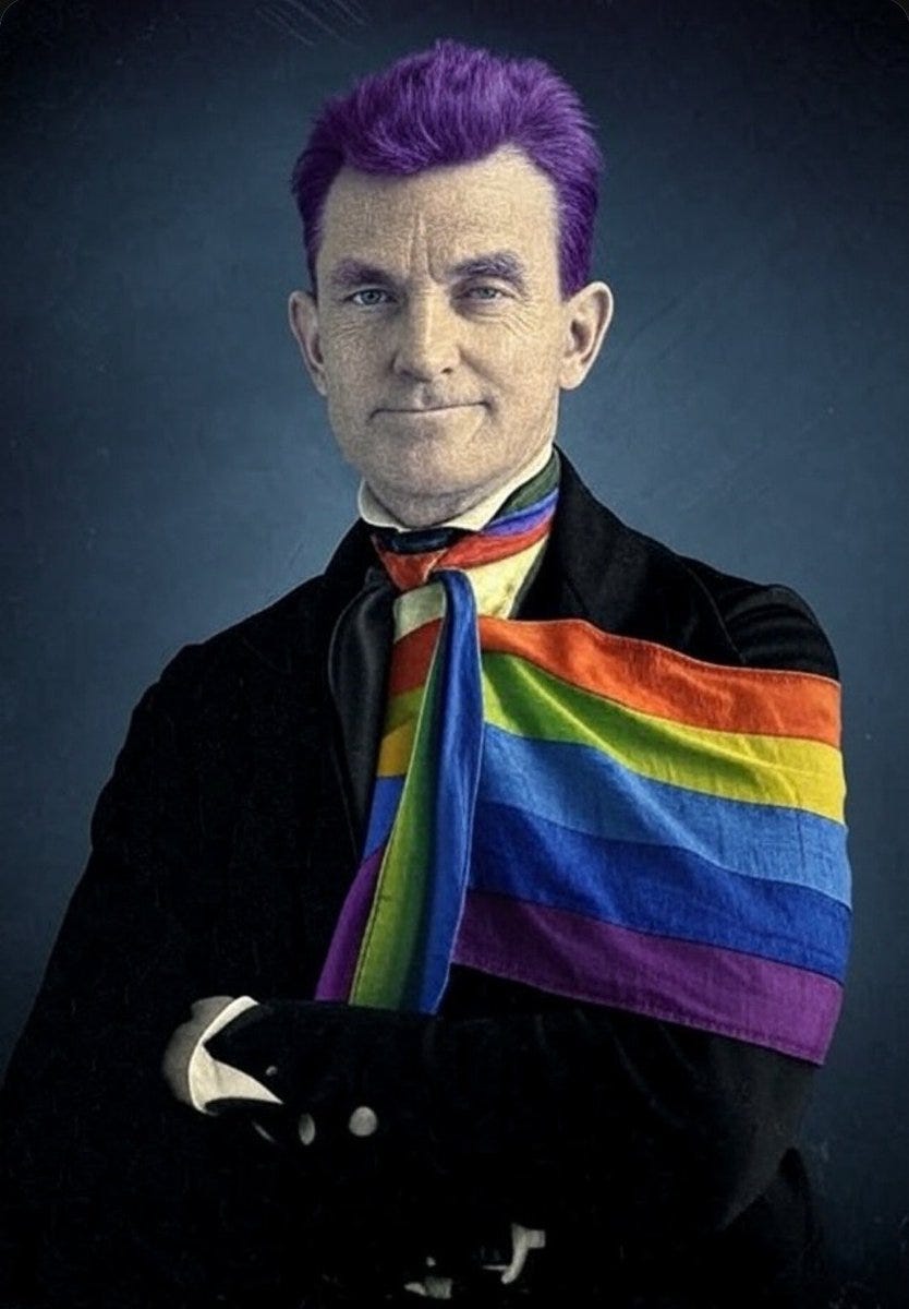 John Brown with purple hair, wearing a black suit and a rainbow flag draped over his shoulder. A colorful scarf is tied around his neck.