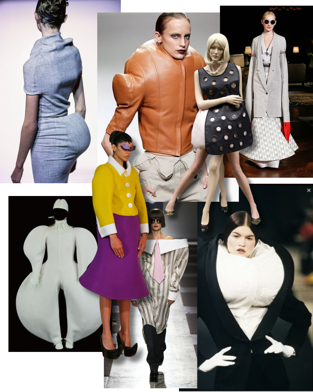 Met Gala 2026 contorted body fashion mood board featuring Comme des Garçons lumps and bumps SS97, exaggerated leather sculptural jacket, Thom Browne distorted proportions, Viktor and Rolf oversized silhouettes, and avant garde runway looks with unnatural body shapes — Costume Art exhibit fashion predictions