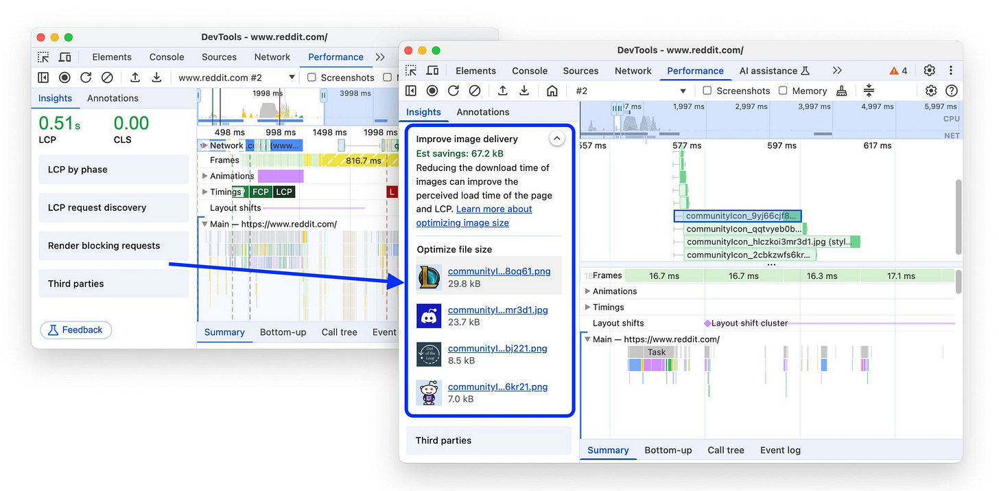 The Performance > Insights tab can now highlight images whose file size you can optimize. Click an image in the insight to see it highlighted in the Network track. The Performance > Insights tab can now highlight images whose file size you can optimize. Click an image in the insight to see it highlighted in the Network track.