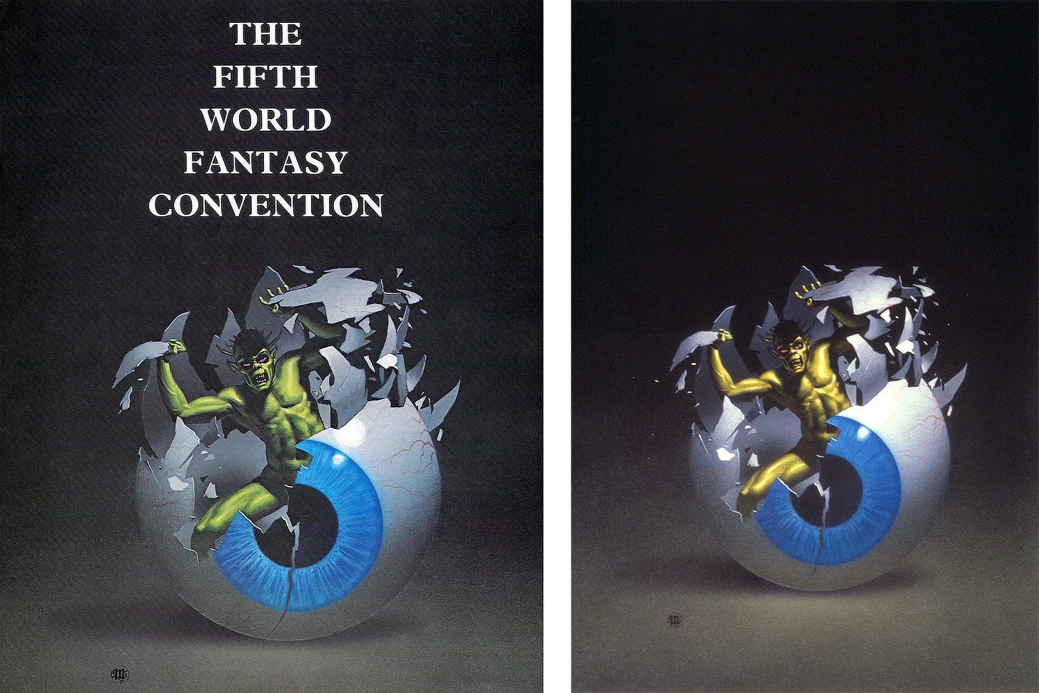 Side-by-side, the program cover for the fifth World Fantasy Convention featuring art by Michael Whelan and the original art titled EMERGENCE. A monster emerges from an eyeball that shatters like glass.