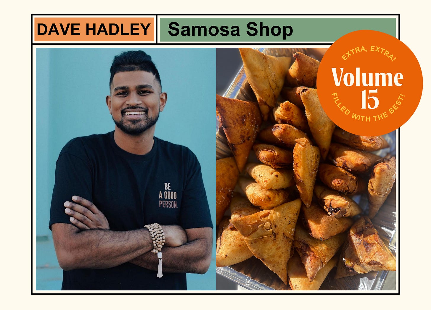 A graphic of Dave Hadley next to his own crispy samosas