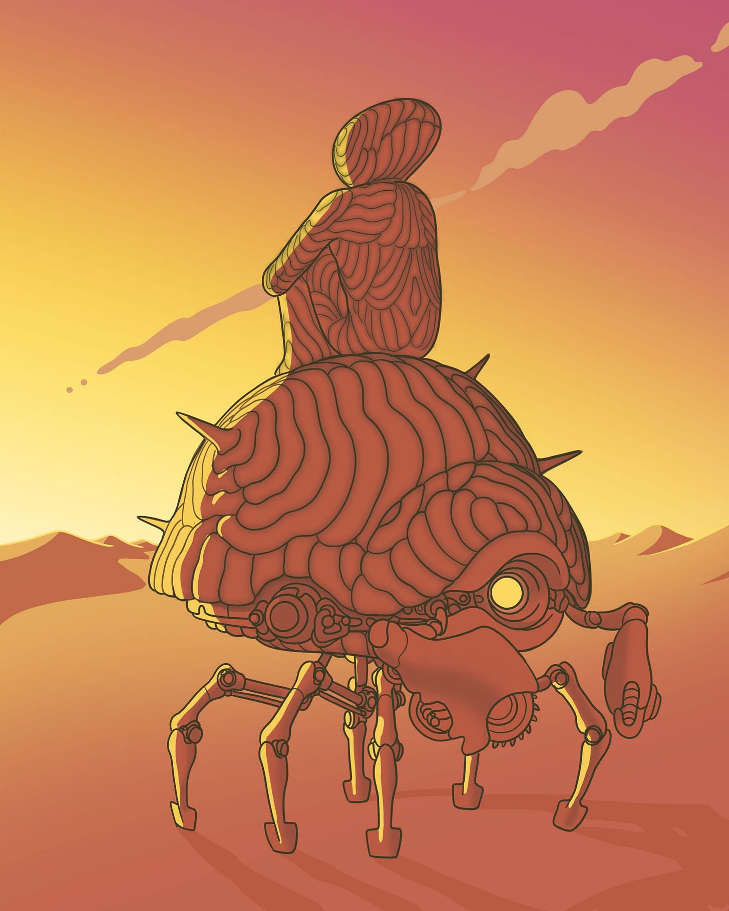 A graphic illustration of a figure sitting on the back of a large beetle with a spiked back in the desert. The figure is wearing a suit with mottled, linear texture. The same texture is repeated in the bug’s exoskeleton. In the distance, orange tinted sand dunes fade into a yellow and magenta gradient sky. A graphic illustration of a figure sitting on the back of a large beetle with a spiked back in the desert. The figure is wearing a suit with mottled, linear texture. The same texture is repeated in the bug’s exoskeleton. In the distance, orange tinted sand dunes fade into a yellow and magenta gradient sky.