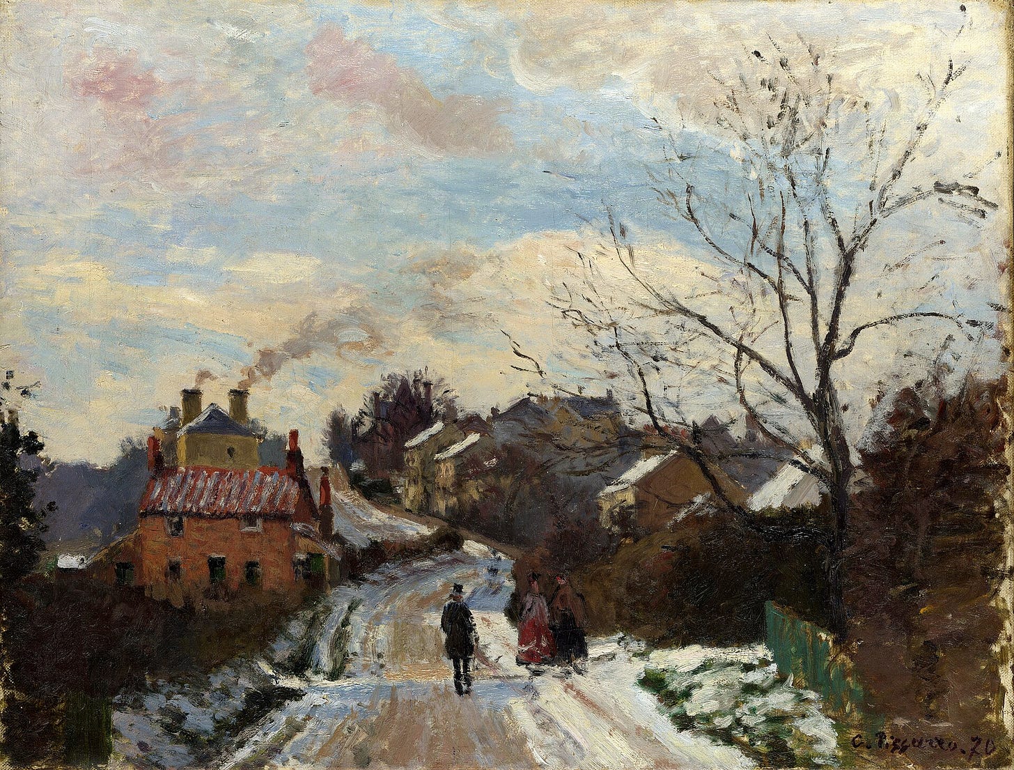 A snowy suburban road curving between houses and bare trees, with three small figures walking.