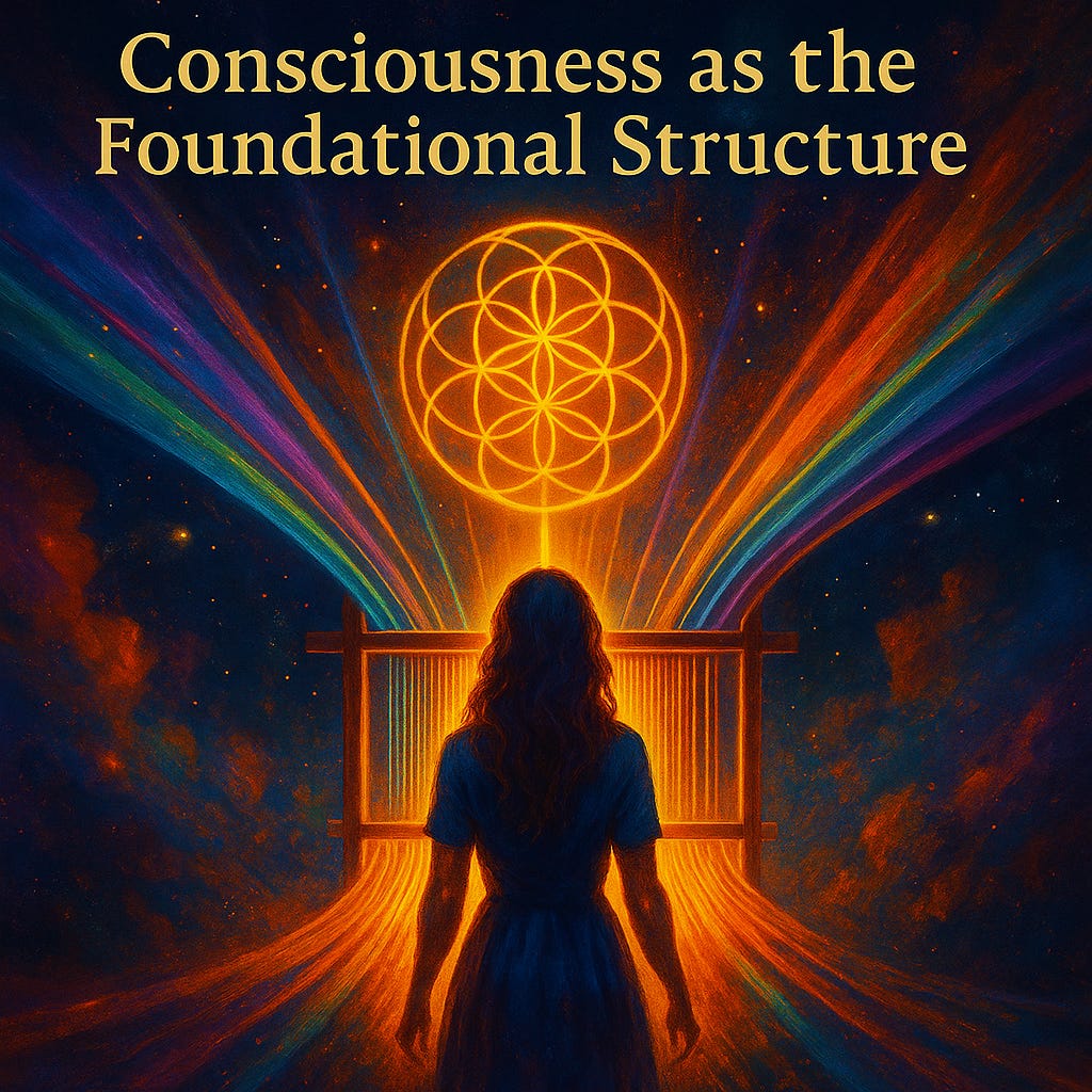 Vibrant digital painting titled “Consciousness as the Foundational Structure”. A woman in a deep blue dress stands in front of a glowing golden loom. From the loom, streams of coloured light — gold, teal, magenta, and indigo — fan out into a starry cosmic background. Above the loom floats a radiant flower-of-life symbol, showing potential being woven into form. The light is brightest where the woman’s attention meets the loom.