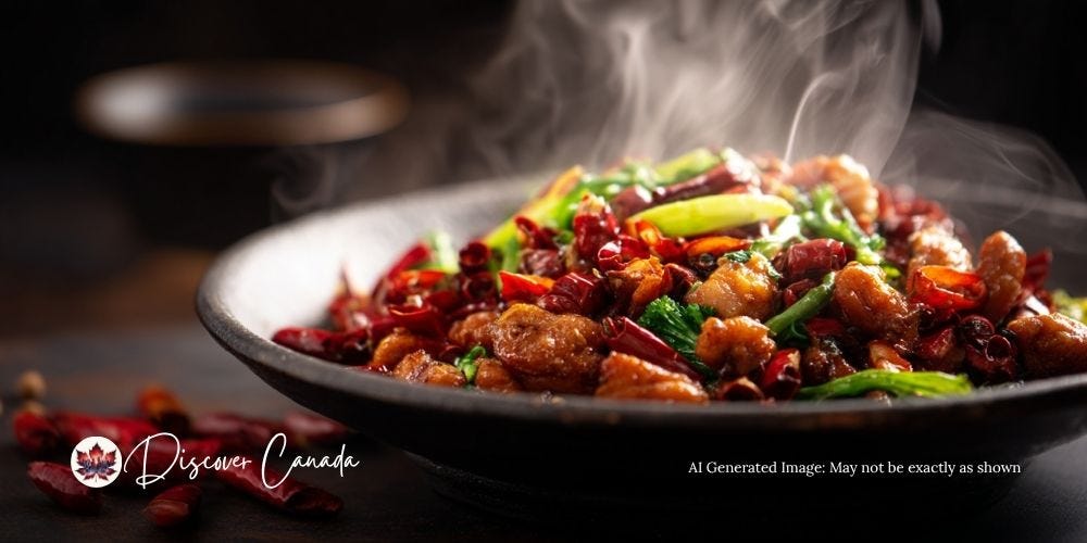 Chongqing chili chicken from Sunnys Chinese Toronto, spicy Sichuan-style with dried chilies and peppercorns.