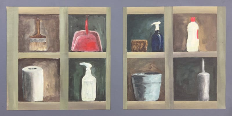 A split painting created from an observation - showing cleaning equipment