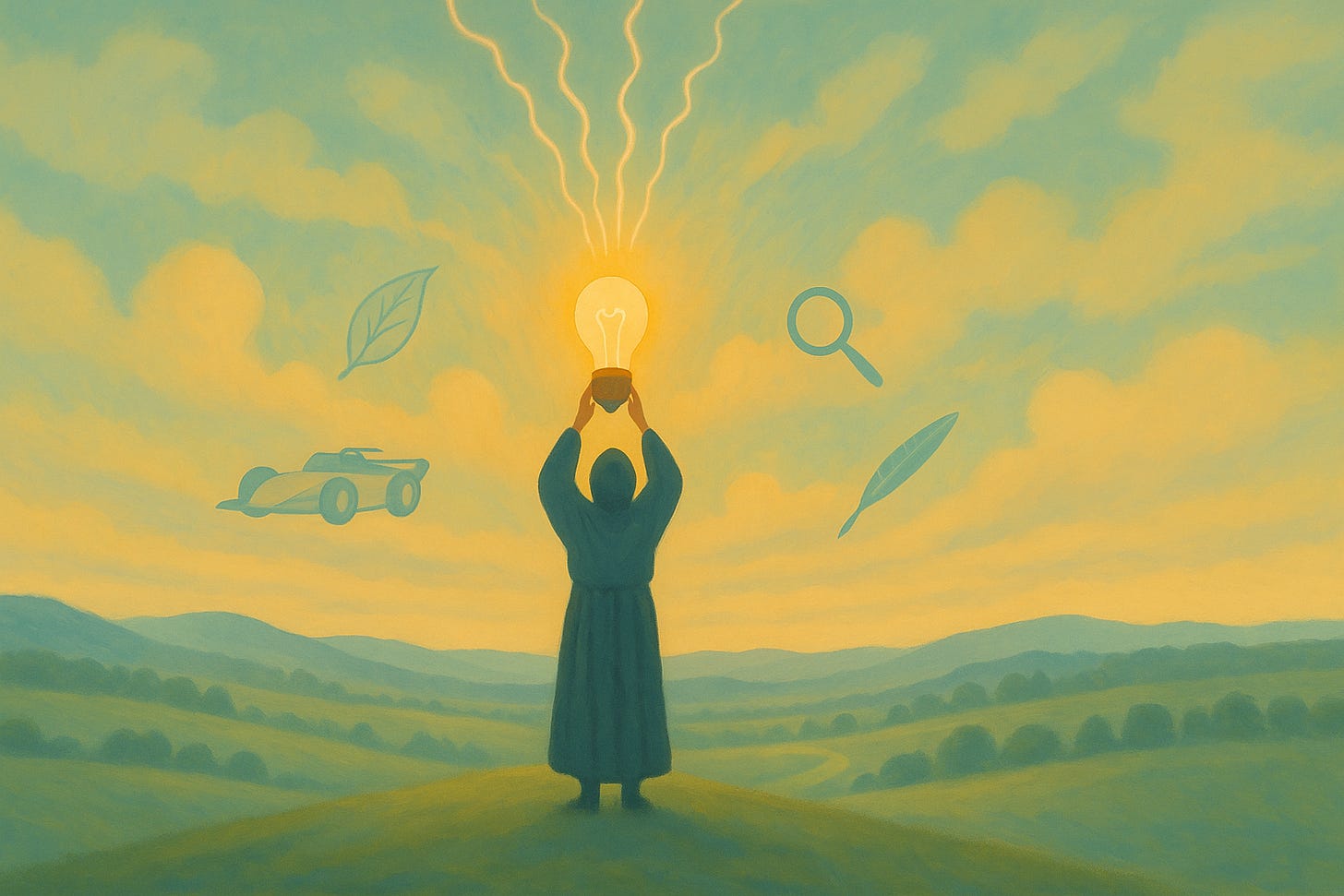 Person holding a lightbulb on a hill to the sky Person holding a lightbulb on a hill to the sky