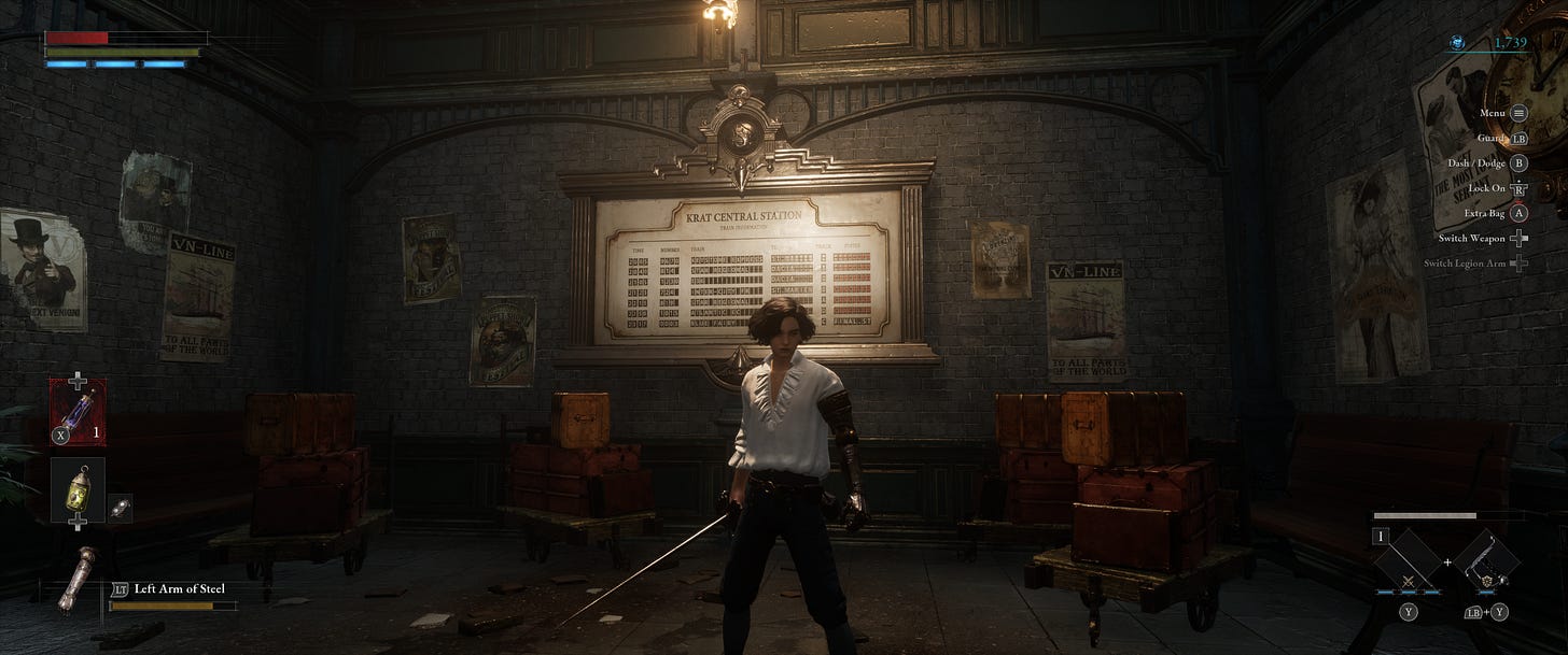 На зображенні приміщення вокзалу в стилі стімпанк, посередині обличчям до глядача стоїть хлопець з чорним волоссям у старовинній білій сорочці, в руці у нього шпага. Позаду хлопця розклад потягів, напис Krat Central Station. 