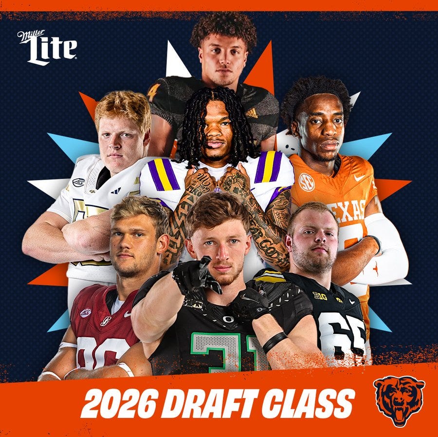 Chicago Bears 2026 draft picks including Dillon Thieneman, Logan Jones, & Sam Roush