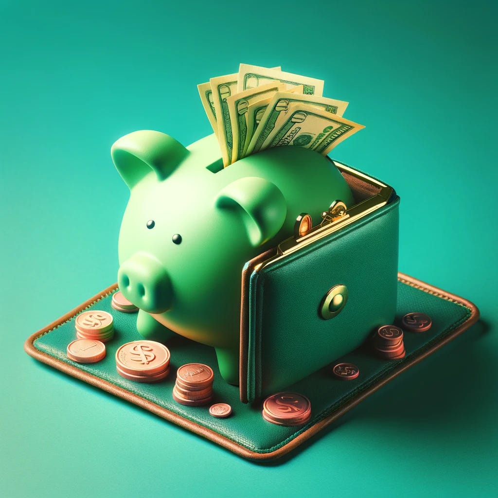 A miniature diorama scene featuring a giant open wallet or large piggy bank as the central object. The background is a vibrant solid green or teal color to symbolize money and calmness. The tilt-shift effect emphasizes the wallet or piggy bank, creating a toy-like and whimsical appearance. The wallet or piggy bank is surrounded by subtle financial elements such as oversized coins and bills, with detailed bright lighting enhancing the miniature effect.