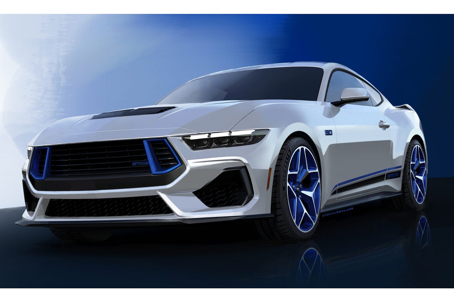 Sketch rendering of a white 2024 Ford Mustang GT California Special in two-door coupe form, with a blue background.