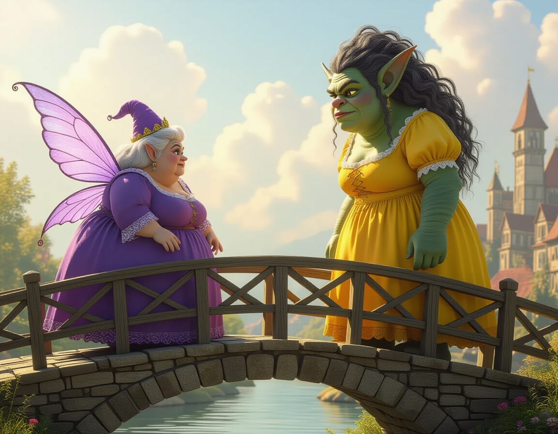 A fat fairy godmother meets a troll in a yellow dress