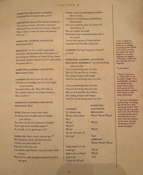 A photo of the cover of the book Hamilton: The Revolution, plus a sampling of pages from Hamilton: The Revolution