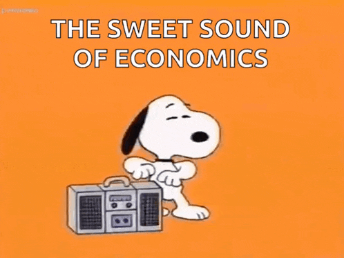 a cartoon of snoopy holding a boombox with the words the sweet sound of economics