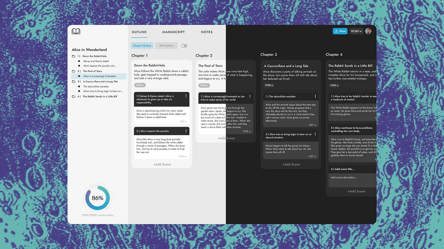 A screenshot of the neurodivergent-friendly writing app, First Draft Pro, in light mode and dark mode, and giving an over view of how a novel outline looks in the app in each mode. 