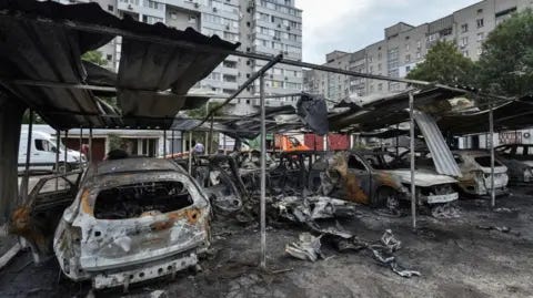 Reuters A view shows burned cars at the site of the Russian drone strike in Dnipro, Ukraine. The picture showed a burnt out garage building containing burnt out cars