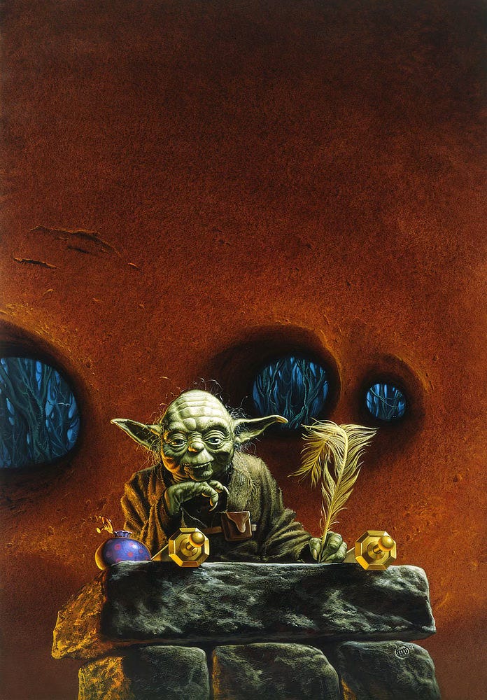 In his hut on Dagoba, Yoda sits at a stone slab table with his chin resting upon the back of his hand. He holds a feathered quill in his other hand as he writes on a scroll rolled out in front of him. The ends of the scroll are capped in gold as is the lid of the ink well to his right which is flipped open. The ink well is painted purple with pink polka dots. Behind Yoda, the stone wall is tinged an earthy red. Three oblong ovals offer a view out to the swamp. In his hut on Dagoba, Yoda sits at a stone slab table with his chin resting upon the back of his hand. He holds a feathered quill in his other hand as he writes on a scroll rolled out in front of him. The ends of the scroll are capped in gold as is the lid of the ink well to his right which is flipped open. The ink well is painted purple with pink polka dots. Behind Yoda, the stone wall is tinged an earthy red. Three oblong ovals offer a view out to the swamp.