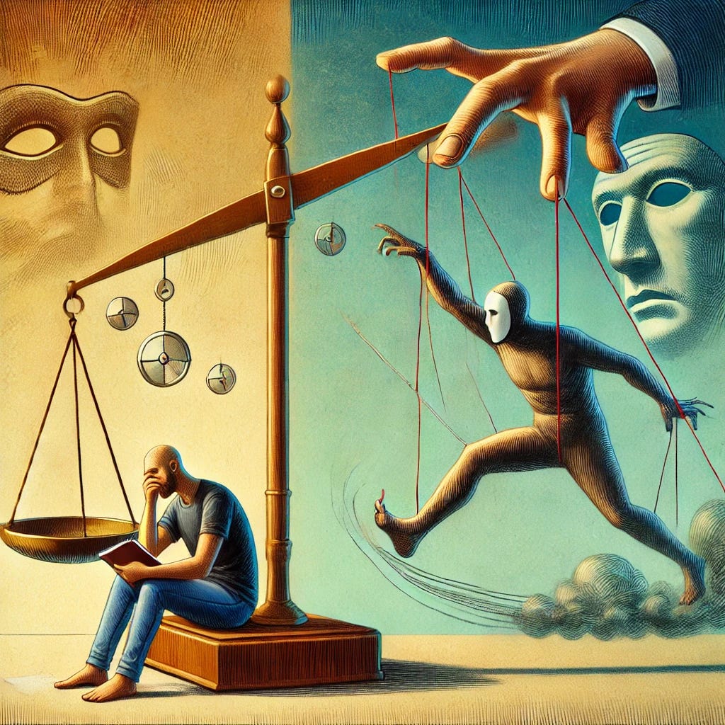 A symbolic illustration representing narcissistic manipulation, focusing on the concept of 'moving the needle.' The image shows a scale or needle shifting back and forth erratically, while a figure in the background subtly manipulates it with strings like a puppeteer. The victim in the foreground looks confused and frustrated, holding a journal to document the erratic changes. The background transitions from chaos on one side to clarity and empowerment on the other, symbolizing the journey from manipulation to self-awareness and protection.