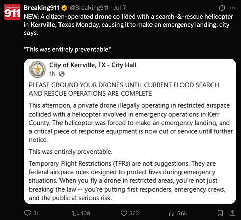Screenshots of Twitter/X posts from high-profile accounts Breaking911, Matt Stringer, and RawAlerts sharing the City of Kerrville’s official Facebook statement claiming a “private drone illegally operating” collided with a search-and-rescue helicopter, causing an emergency landing. The posts show the city’s warning to ground drones during flood operations and emphasize the incident was “entirely preventable.” These tweets contributed to widespread misinformation about the drone incident.