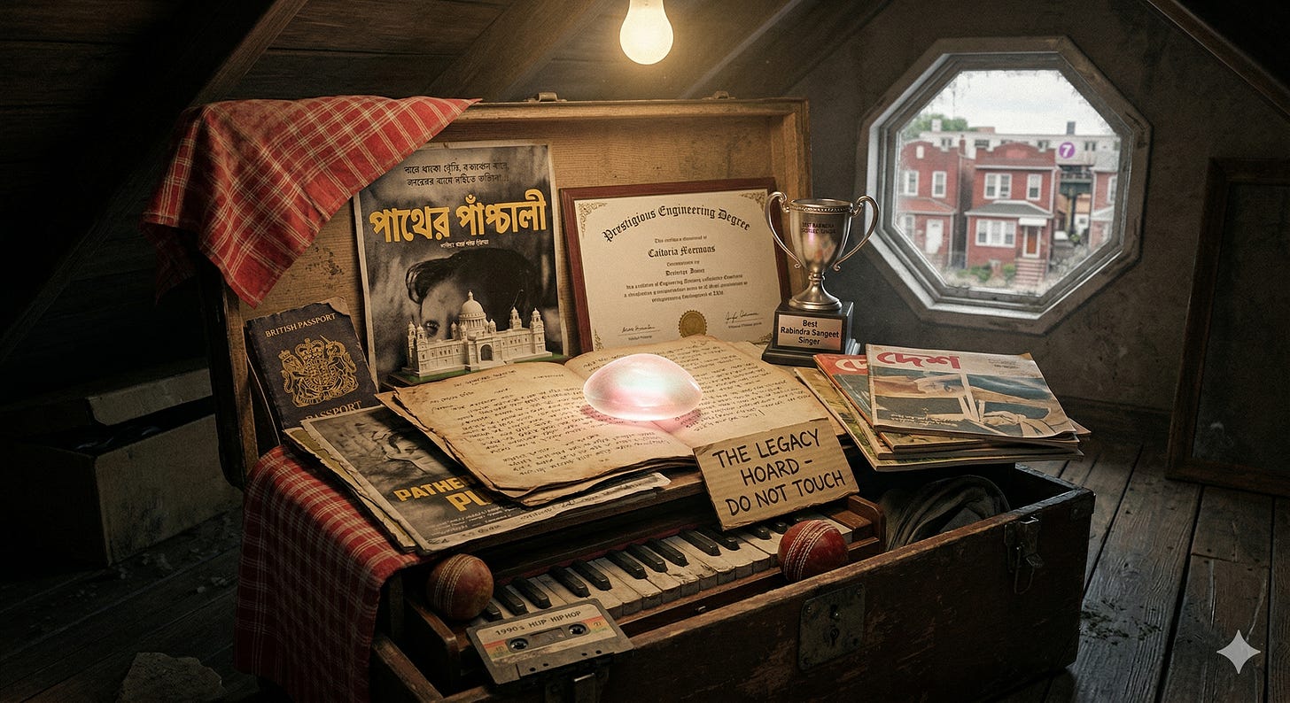 A wide-angle, cinematic shot of a sunlit attic in a Western home. An open vintage wooden chest is filled with "cultural capital" and "distinction" markers of the Bengali diaspora: a prestigious engineering degree, a miniature Victoria Memorial, a British passport, and a glowing, Arkenstone-like gem resting on an open book. The chest also contains "jolly" elements of living culture like a harmonium, a cricket ball, a "Pather Panchali" poster, and a 1990s cassette tape. A hand-written sign on the chest reads "THE LEGACY HOARD - DO NOT TOUCH."