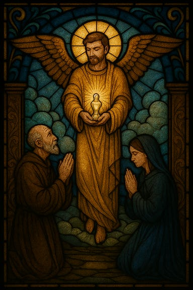 A stained glass window depicting a radiant angel descending from the heavens, visually reminiscent of the Abbot, with wide outstretched wings and flowing golden robes. The angel lowers a glowing silver statuette into the hands of a kneeling young woman with bowed head and clasped hands. Beside her, an old man gazes upward in reverence. The background features stylized clouds, beams of divine light, and ornate framing with gothic arches. The glasswork uses rich jewel tones—amber, sapphire, ruby, and emerald—with intricate leadwork outlining each figure and detail. The atmosphere is reverent, mystical, and steeped in divine symbolism. A stained glass window depicting a radiant angel descending from the heavens, visually reminiscent of the Abbot, with wide outstretched wings and flowing golden robes. The angel lowers a glowing silver statuette into the hands of a kneeling young woman with bowed head and clasped hands. Beside her, an old man gazes upward in reverence. The background features stylized clouds, beams of divine light, and ornate framing with gothic arches. The glasswork uses rich jewel tones—amber, sapphire, ruby, and emerald—with intricate leadwork outlining each figure and detail. The atmosphere is reverent, mystical, and steeped in divine symbolism.