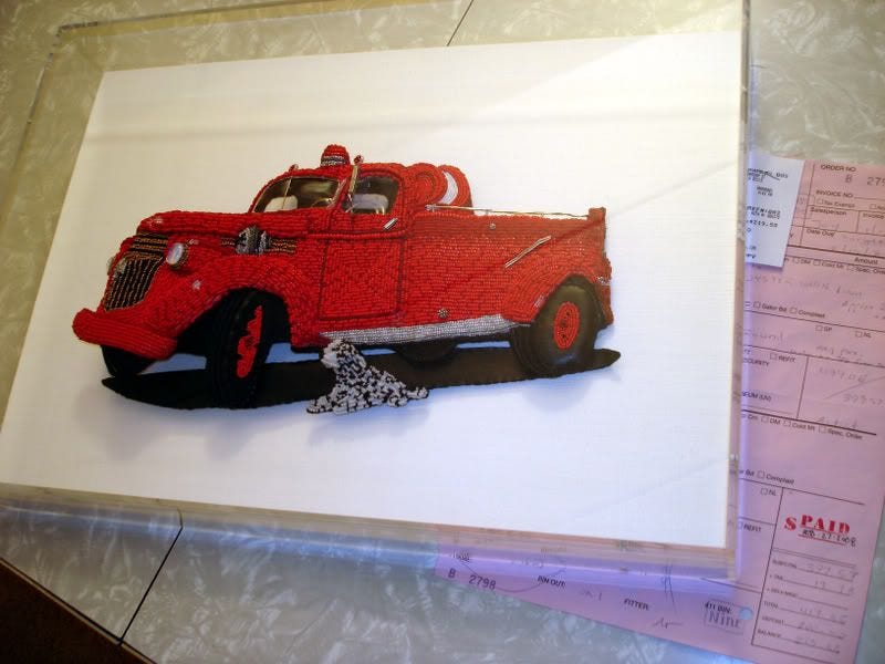 Fine pop art Beader Beaded embroidery Chevy Fire truck engine Bead International Stanhope framers Boston custom shadowbox Fine pop art Beader Beaded embroidery Chevy Fire truck engine Bead International Stanhope framers Boston custom shadowbox