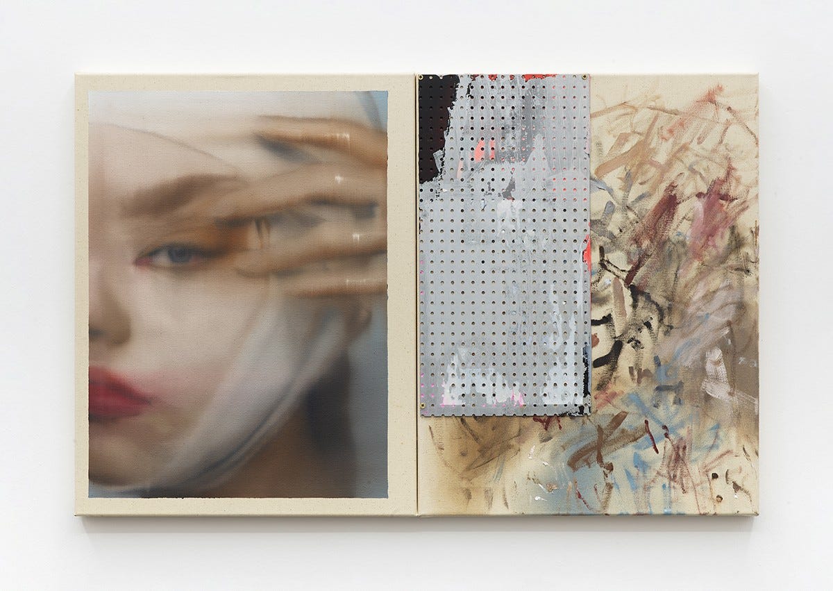 ombre première Laque Nr. 28 CHANEL - 2024, (1) Oil on canvas, (2) Oil, lacquer spray, paper residue and perforated metal sheets on canvas ombre première Laque Nr. 28 CHANEL - 2024, (1) Oil on canvas, (2) Oil, lacquer spray, paper residue and perforated metal sheets on canvas
